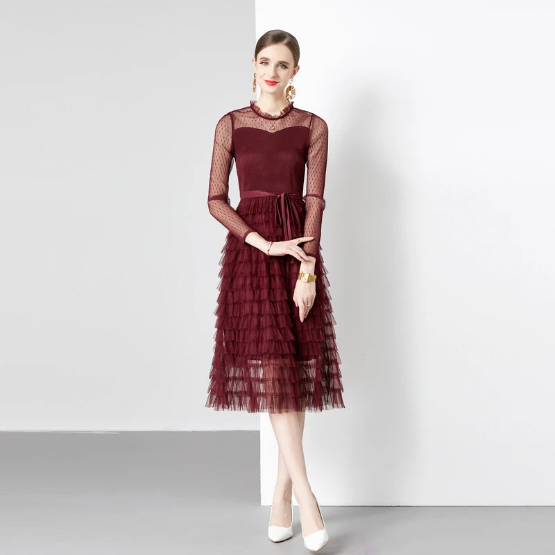 burgundy mesh midi dress Burgundy Mesh Knit Elegant Midi Dress | Vintage and Fashion main image 1