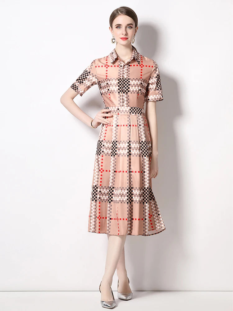 Womens Elegant Plaid Short Sleeve Midi Dress