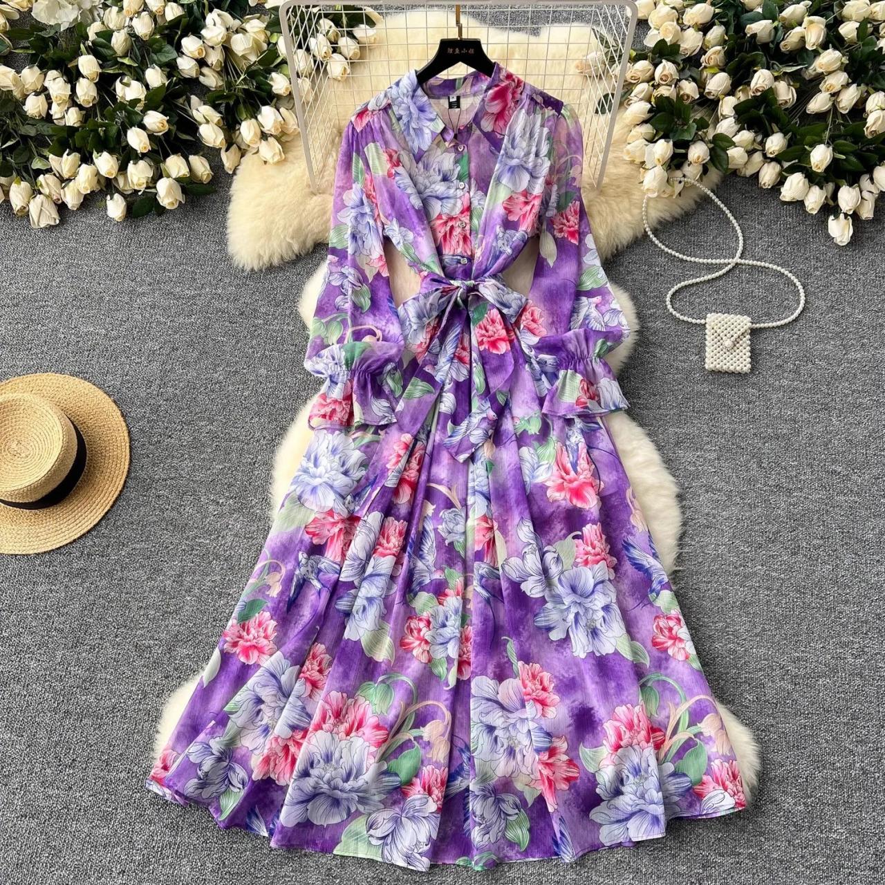 Luulla Lavender Maxi Dress With Sleeves Floral Print Long Sleeve
