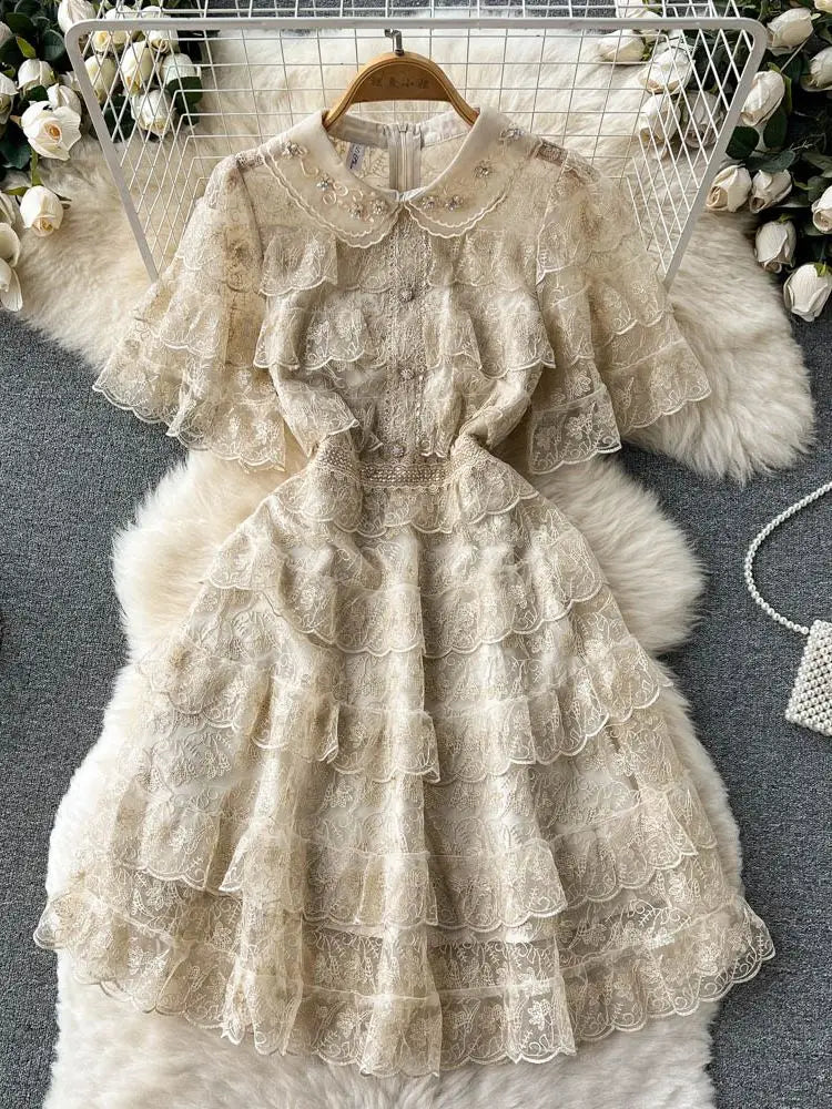 Vintage Lace Dress With Ruffled Sleeves And Collar