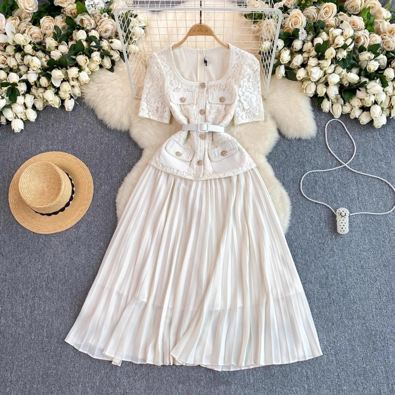 Elegant White Lace Dress With Belt Detailing