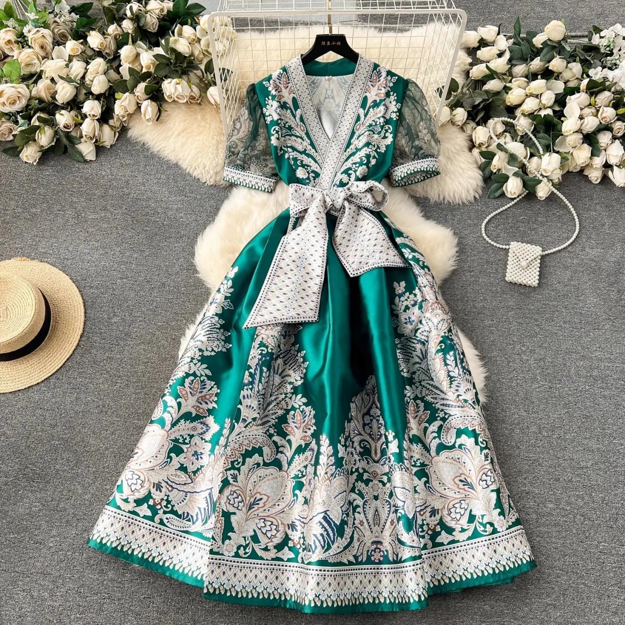 Elegant Green Floral Satin Maxi Dress on Luulla