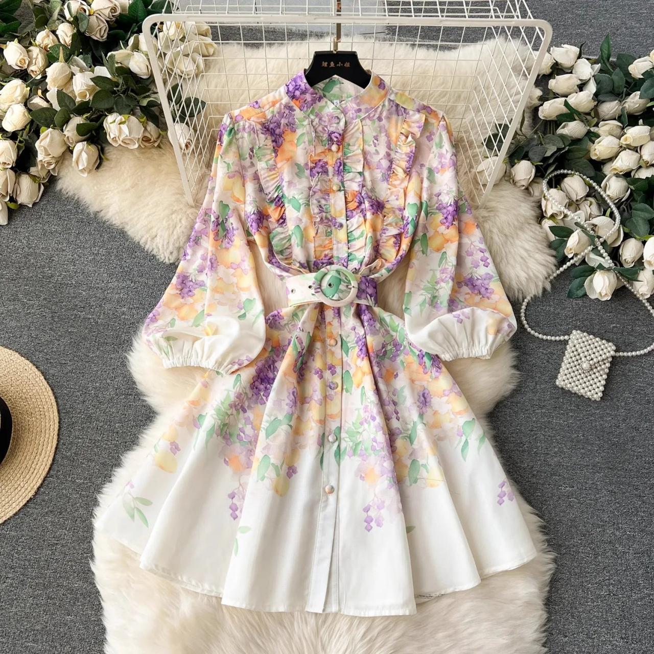 Floral Belted Long Sleeve Midi Dress