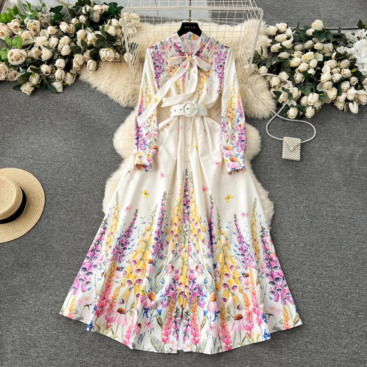 Floral Belted Long-sleeve Maxi Dress For Women