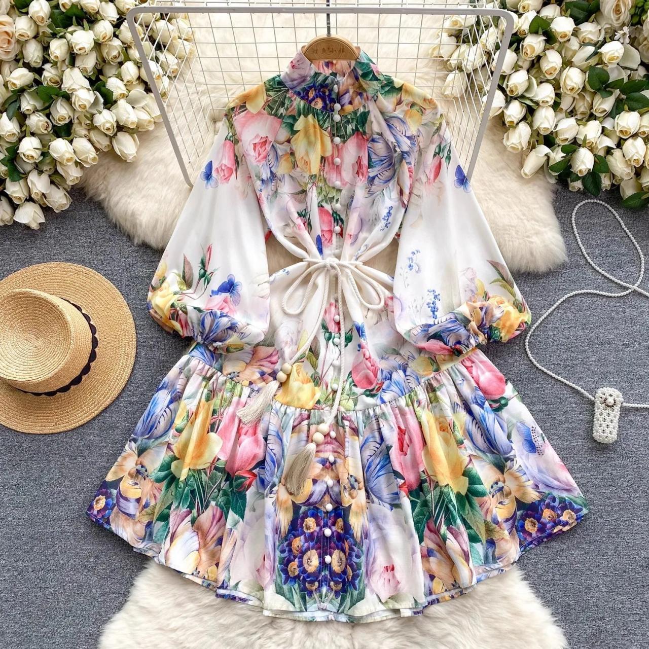 knee length dresses for ladies Provence Bloom Long Sleeve Mini Dress Floral Blue– Selfie Leslie