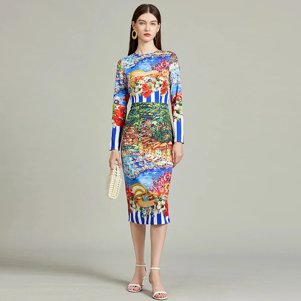 Vibrant Floral Print Long Sleeve Midi Dress