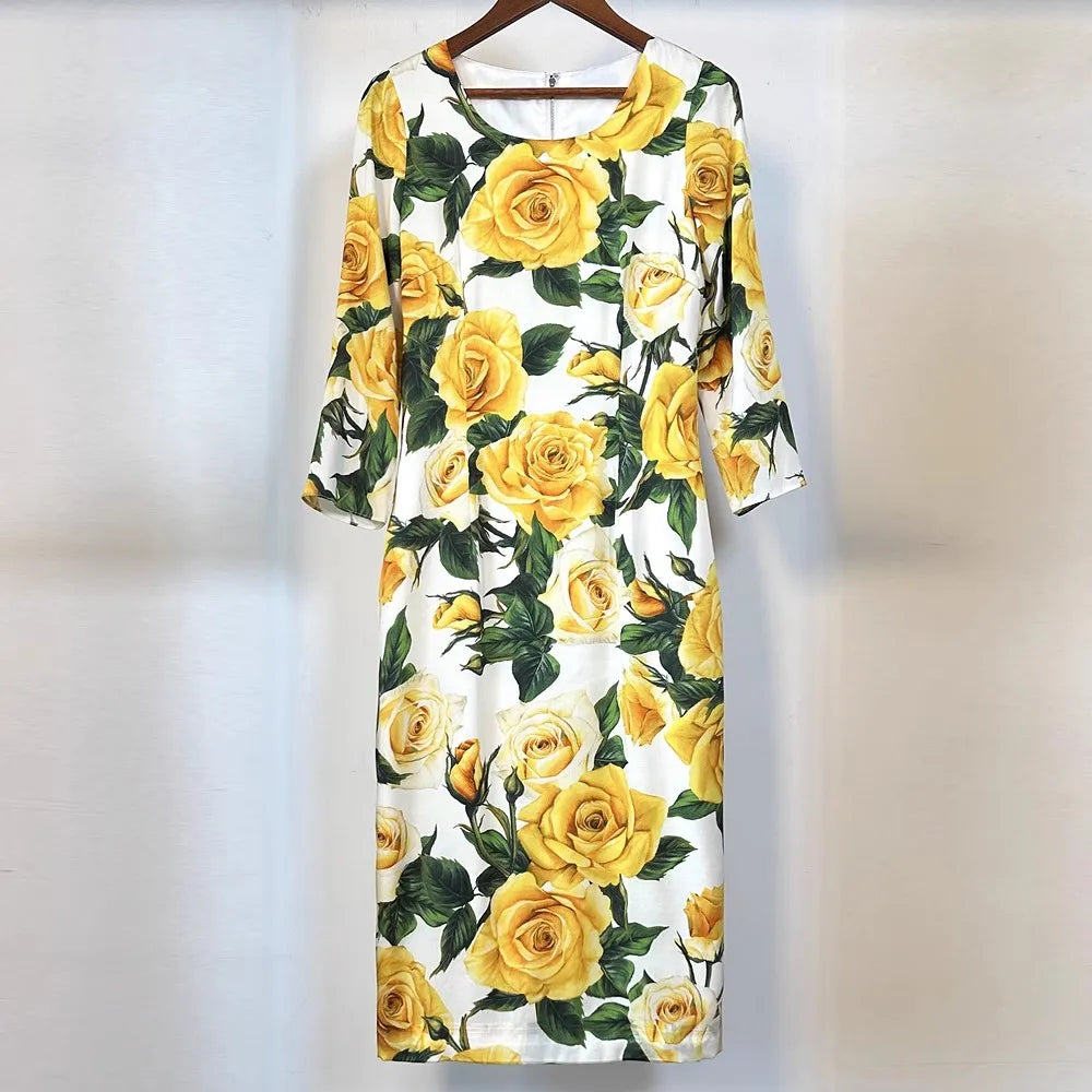 Floral Yellow Rose Print Long Sleeve Dress on Luulla
