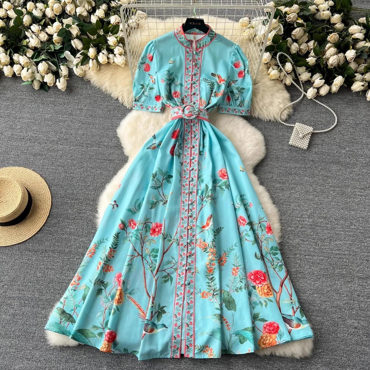 Floral Embroidered Maxi Dress With Belt Accent