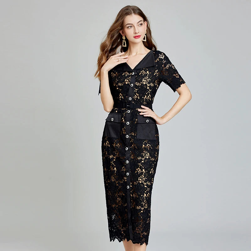 Elegant Black Lace Button-down Midi Dress