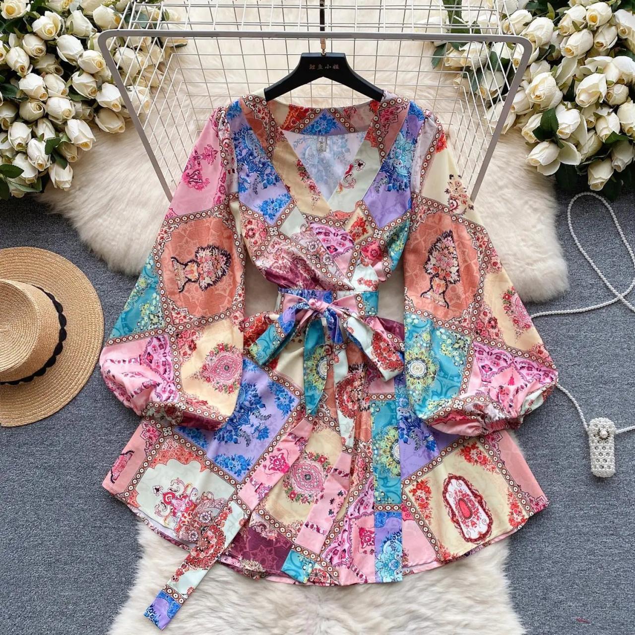 Floral Patchwork V-neck Long Sleeve Mini Dress