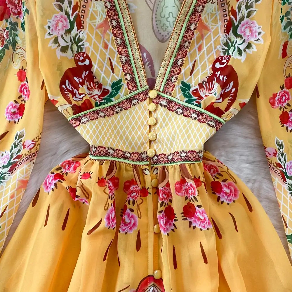 Bohemian Style Unique Printed Chiffon Loose-fitting Belted Maxi Dress