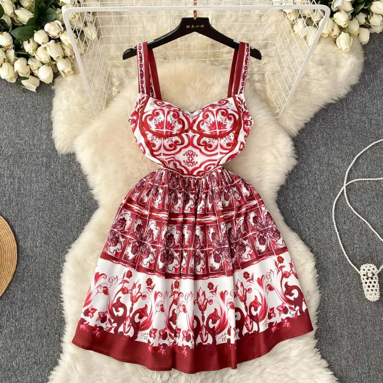 Vintage Red And White Patterned Summer Dress