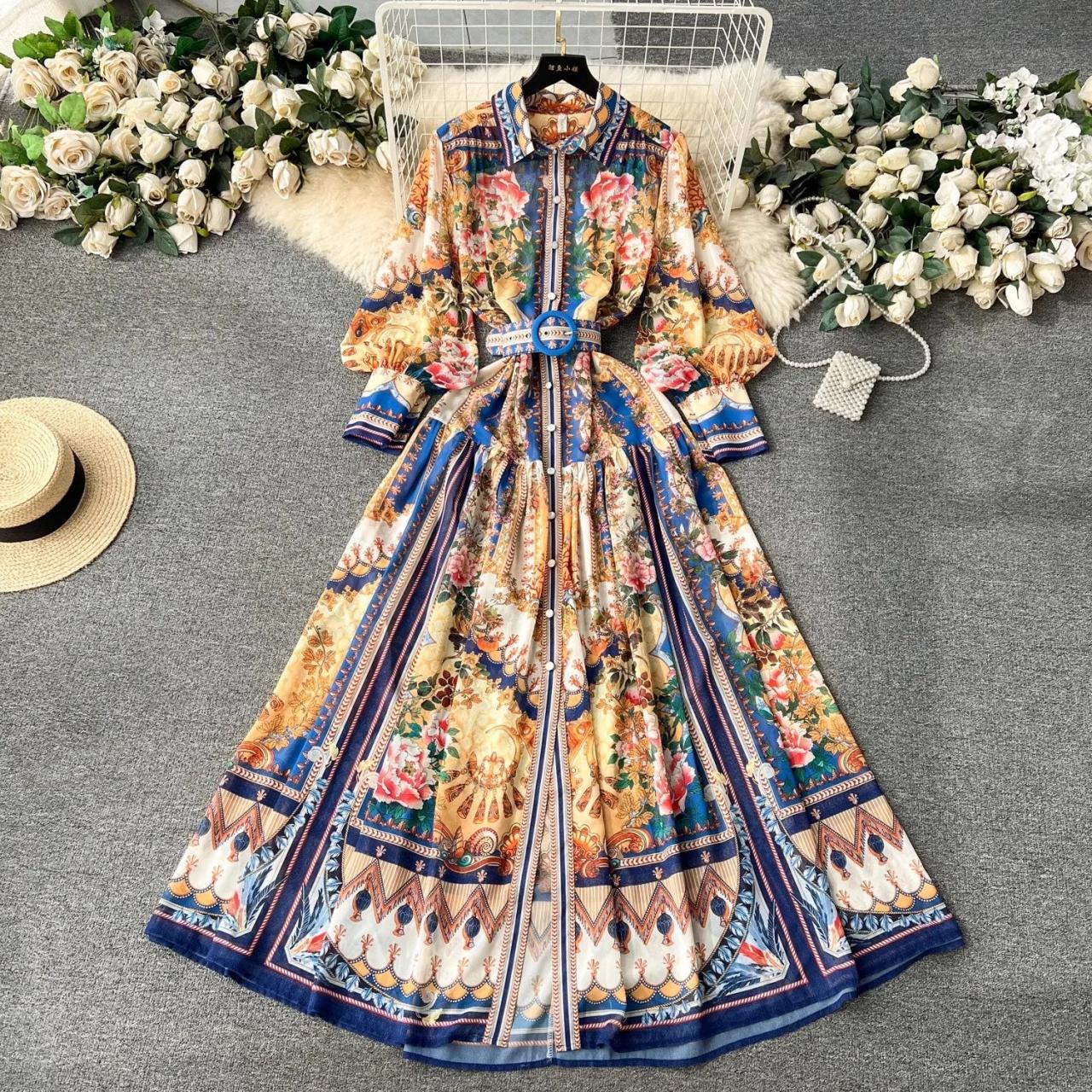 Spring Bohemian Boho Chiffon Dress Women's Lapel Long Lantern Sleeve Single Breasted Flower Print Belt Holiday Robe Vestido 6268