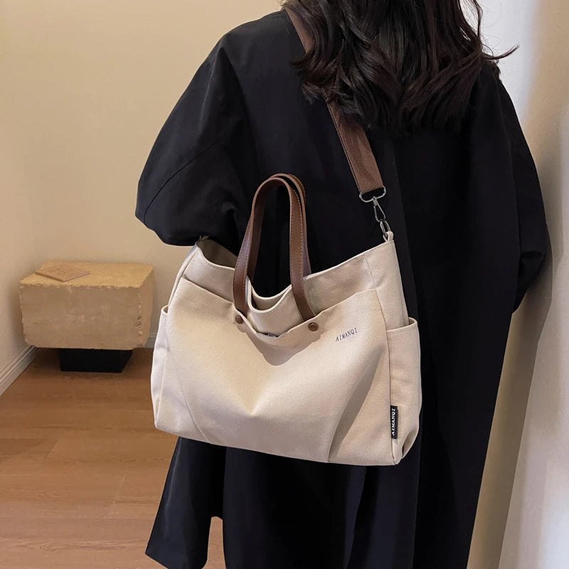 Contemporary Canvas with Leather Trim Belted Sack Bag - Beige