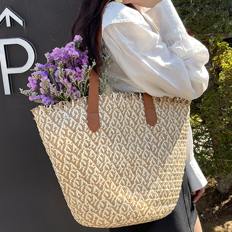 Woven Straw Tote Bag With Leather Handles on Luulla
