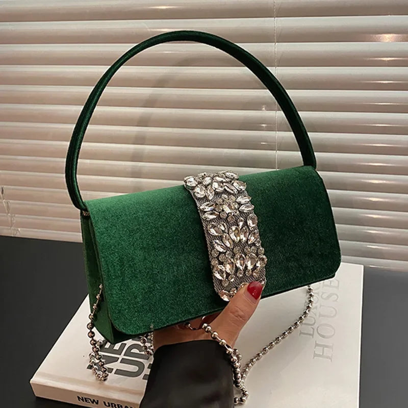 Emerald Green Velvet Clutch with Rhinestones