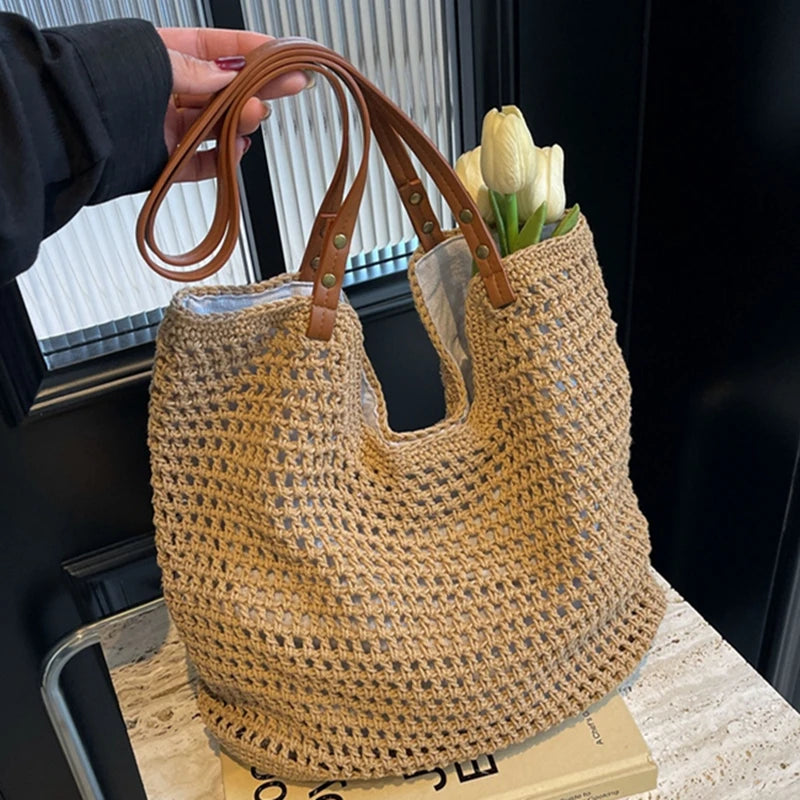 Woven Straw Tote Bag with Bow Detail