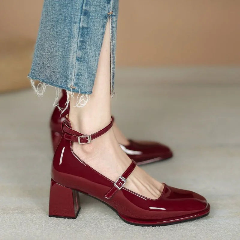Womens Red Block Heel Mary Jane Shoes