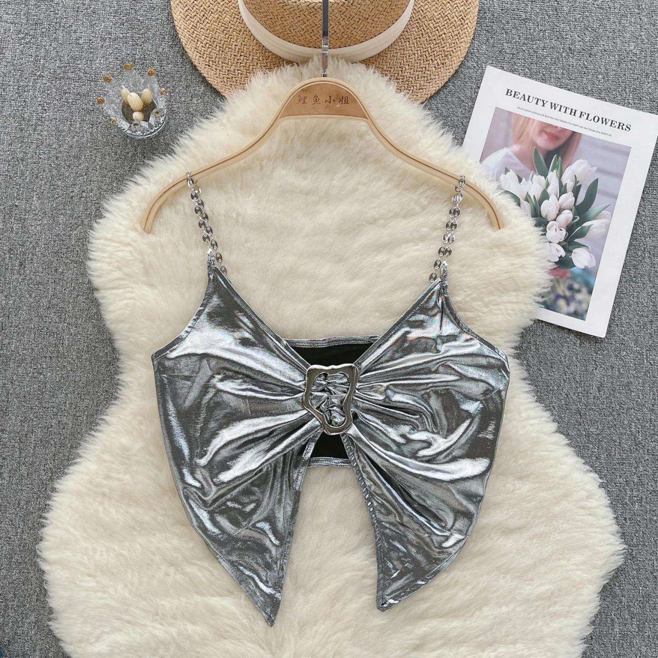 Oversized Bow Stylish Silver Crop Top Oversized Bow Stylish Silver Crop Top