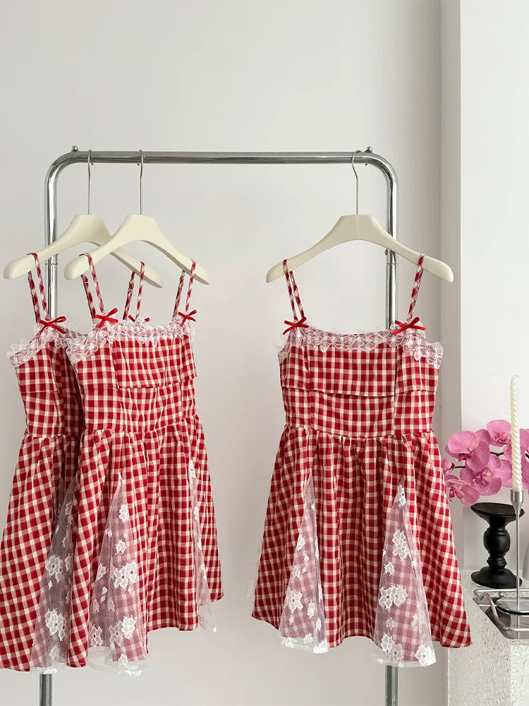 Red Gingham Lace Panel Skater Dress on Luulla