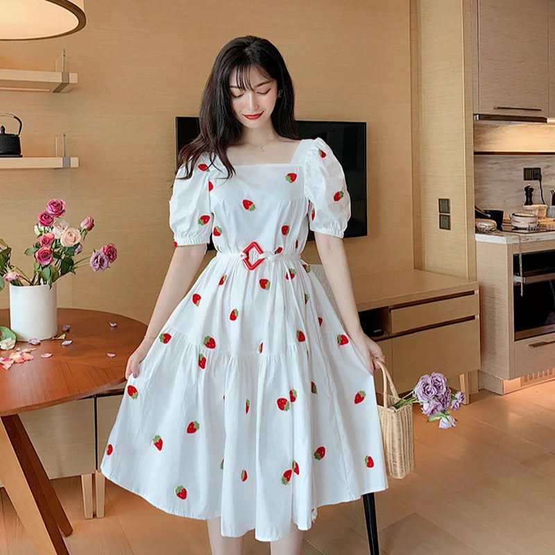 strawberry design dress White Strawberry Dress Midi Strap Dress Cotton Summer Dress/retro Dress  Midi White Red Strawberry Dress/cottage Core White Dress