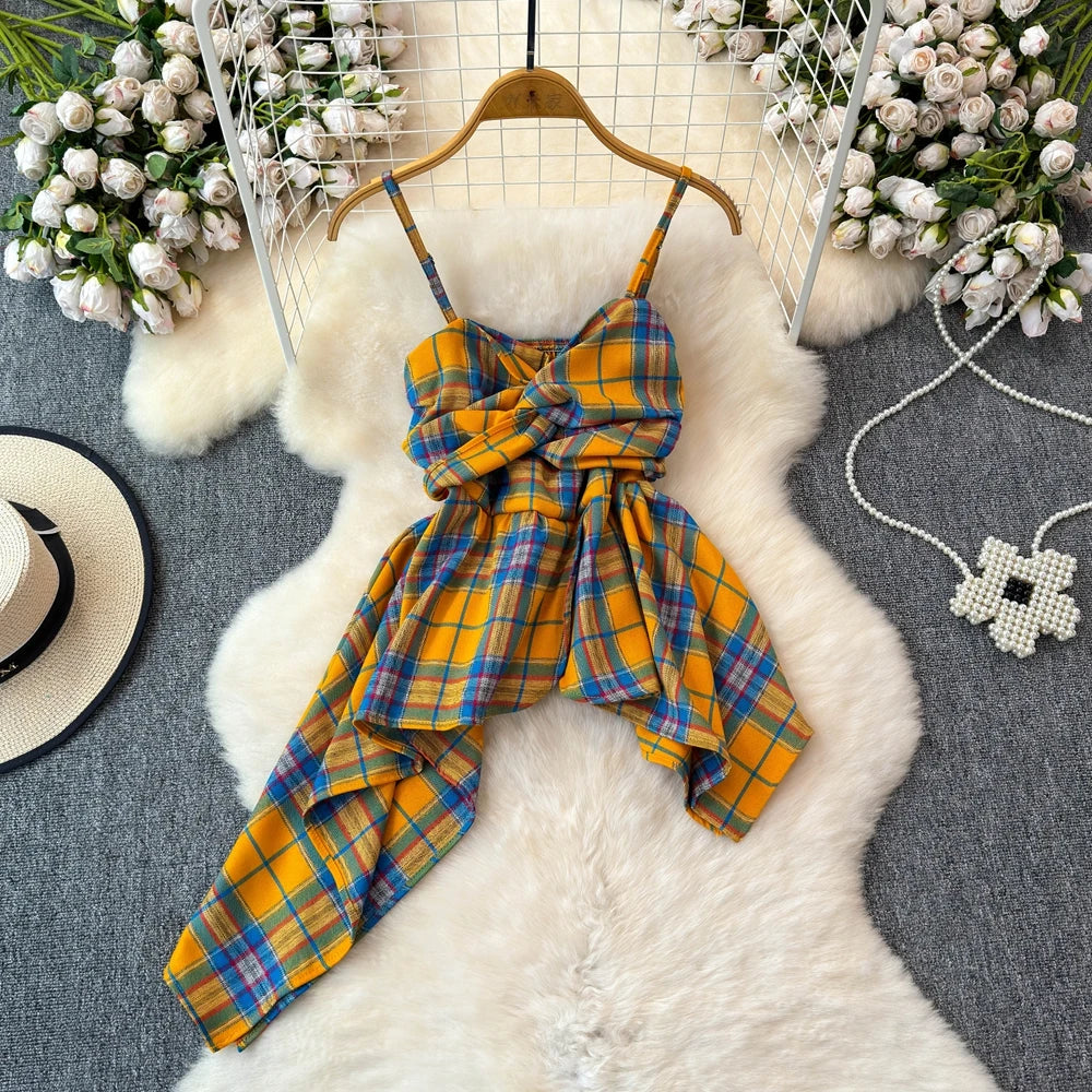 navy blue dress for baby girl Plaid Asymmetric Bow Knot Spaghetti Strap Dress
