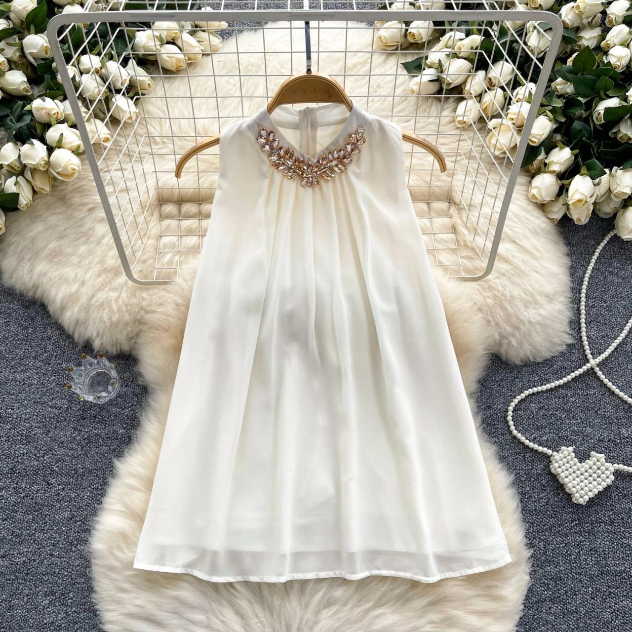 Elegant Sleeveless White Chiffon Dress With Embellishment on Luulla
