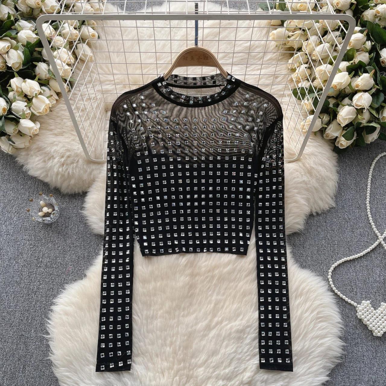 Black Mesh Long Sleeve Rhinestone Crop Top on Luulla