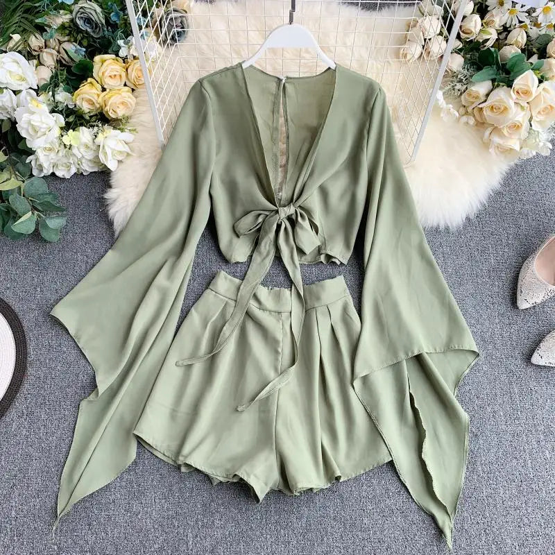 sage green two piece dress Two Piece A-Line Wedding Guest Cocktail Dresses Scoop Tea-Length Sleeves With Ruffles Sage main image 1