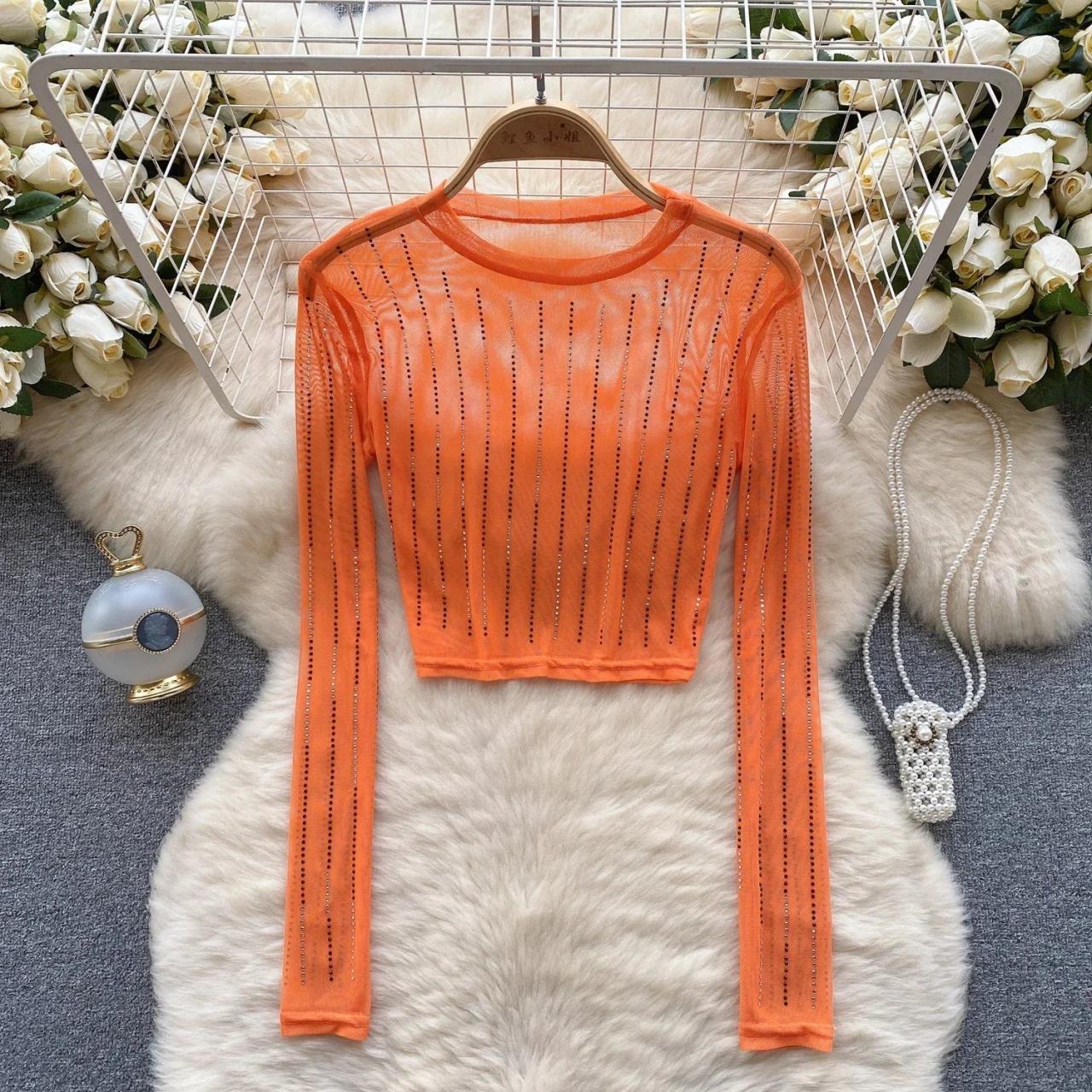 Orange Sheer Long Sleeve Rhinestone Crop Top on Luulla