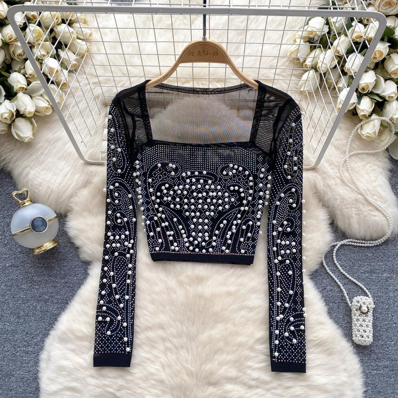 Elegant Black Beaded Long Sleeve Crop Top