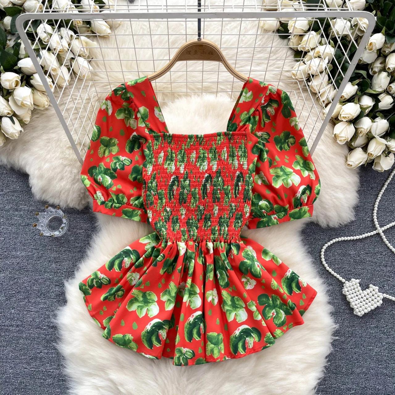 knee length dresses for ladies Red Organza Smocked Puff Sleeve Mini Dress main image 1