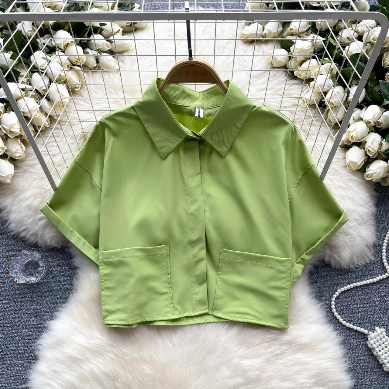 Womens Stylish Short-sleeve Green Satin Blouse on Luulla