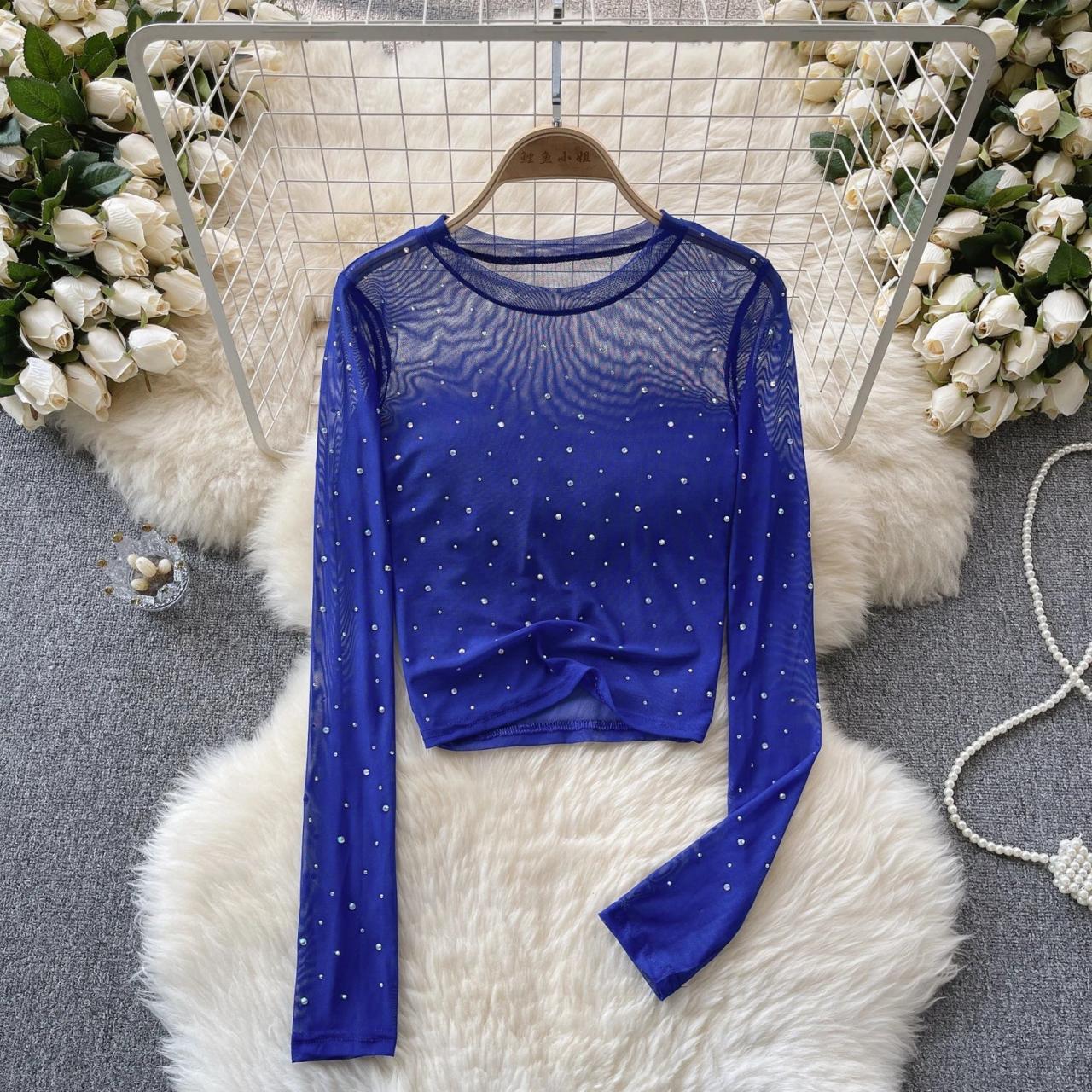 Blue sheer long sleeve top clearance
