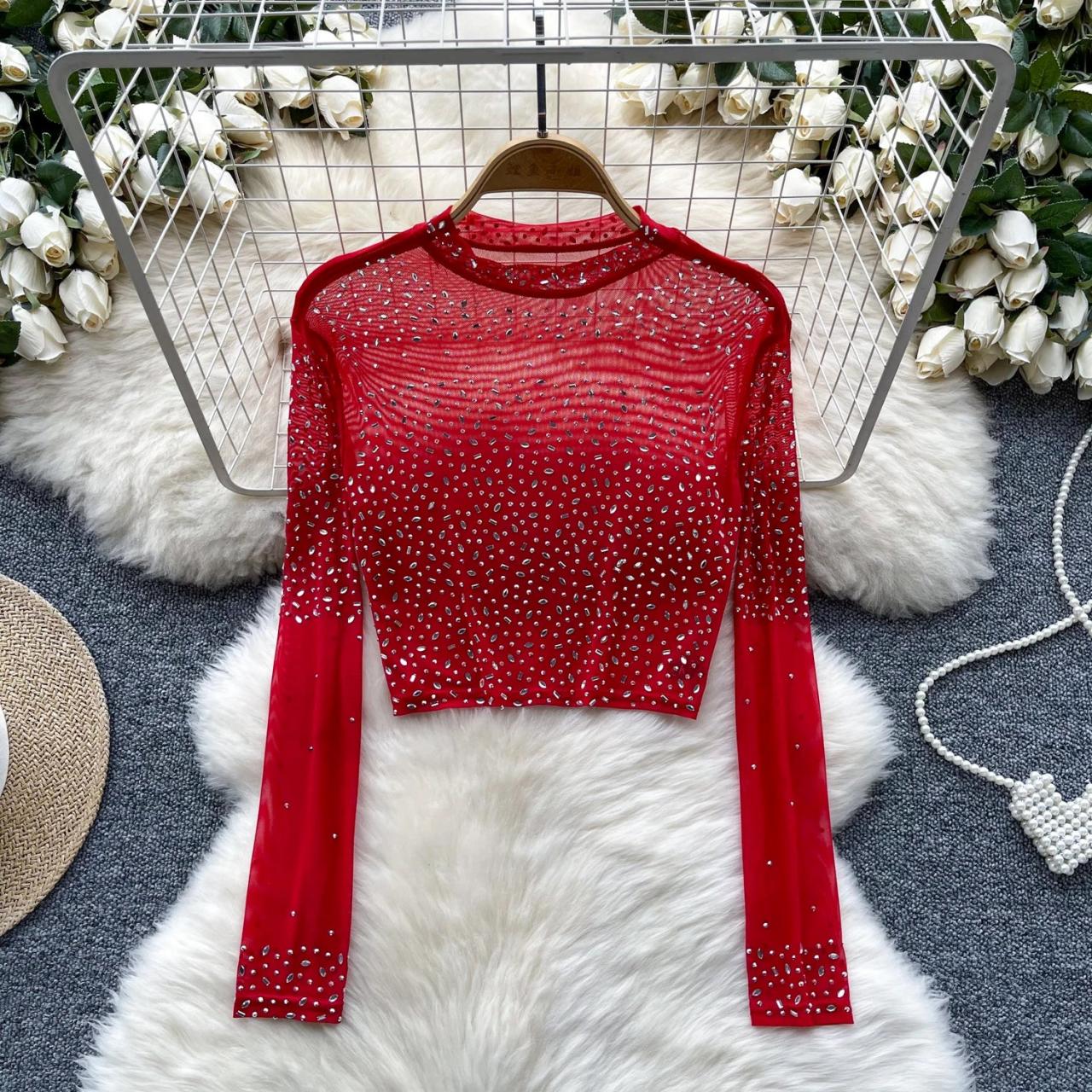 Red mesh long sleeve crop top sales