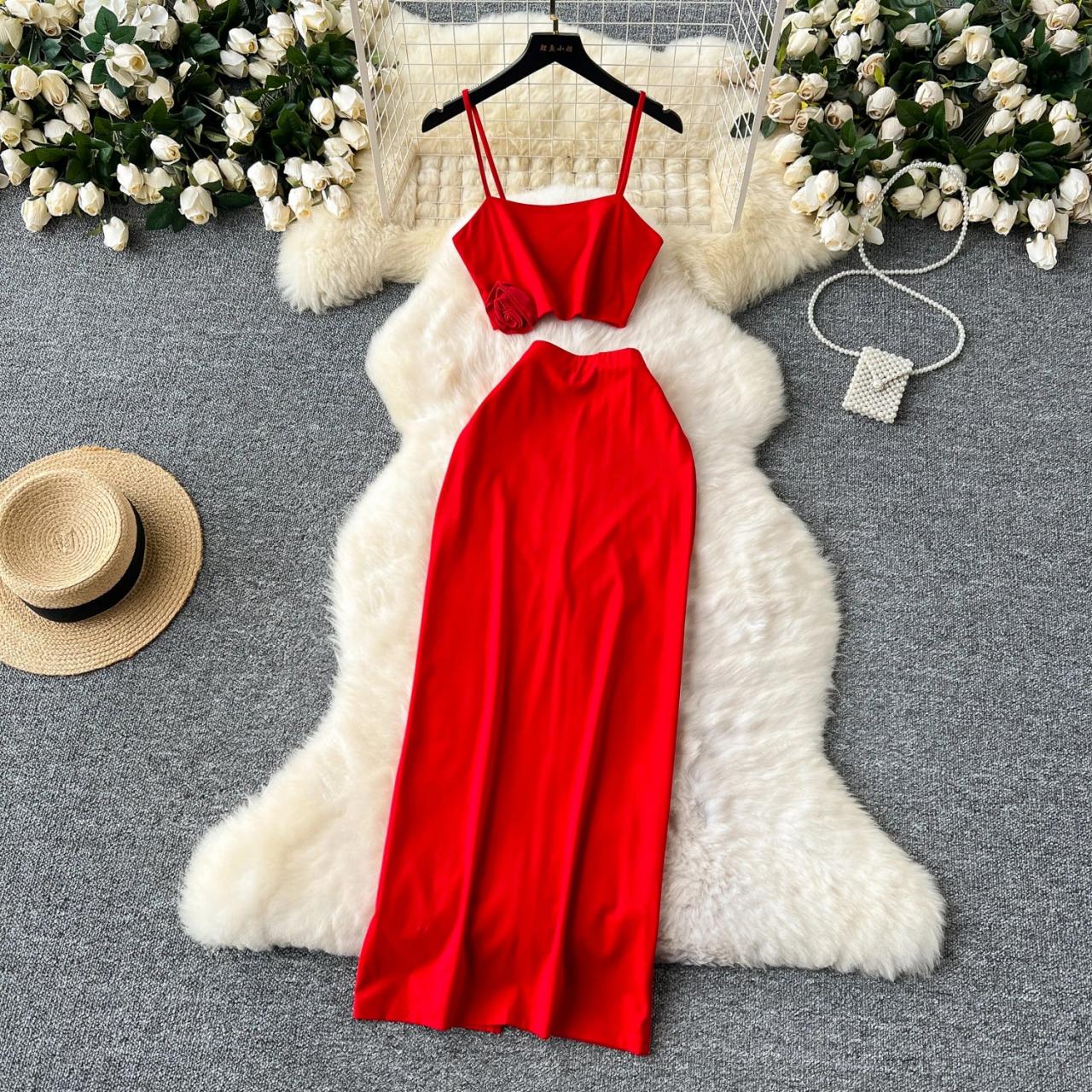 Elegant Red Two piece Evening Maxi Dress