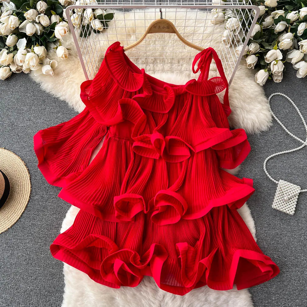 open lace back dress Red One-Shoulder Dress - Ruffle Floral Mini Dress main image 0