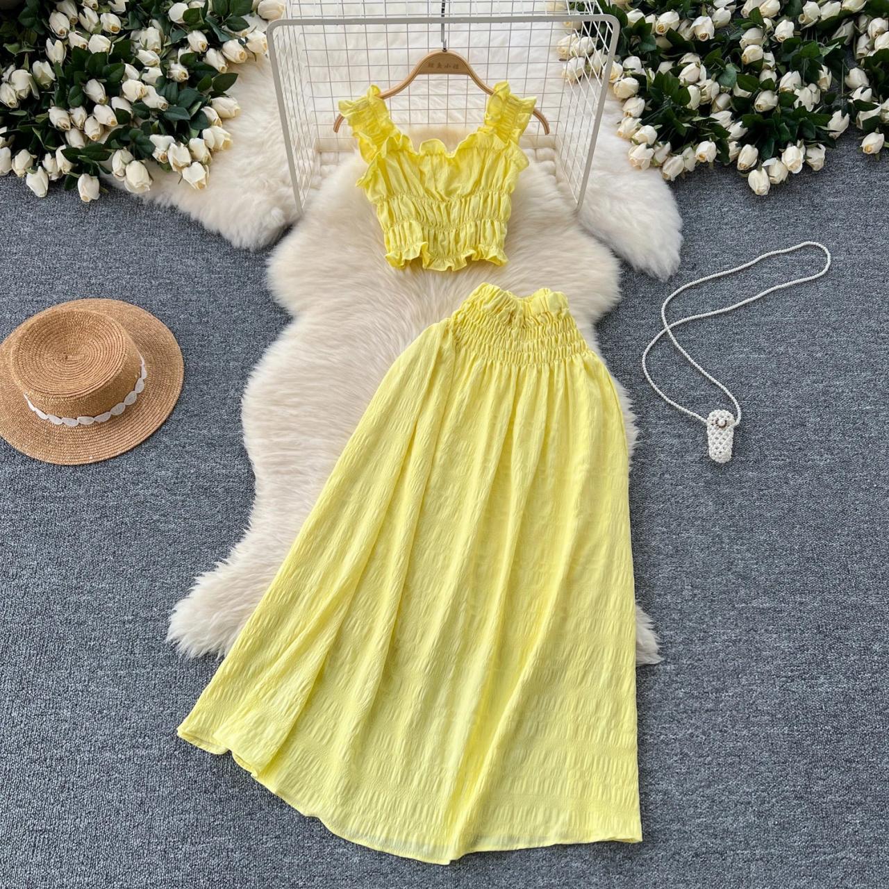 Yellow Two-piece Summer Skirt And Top Set