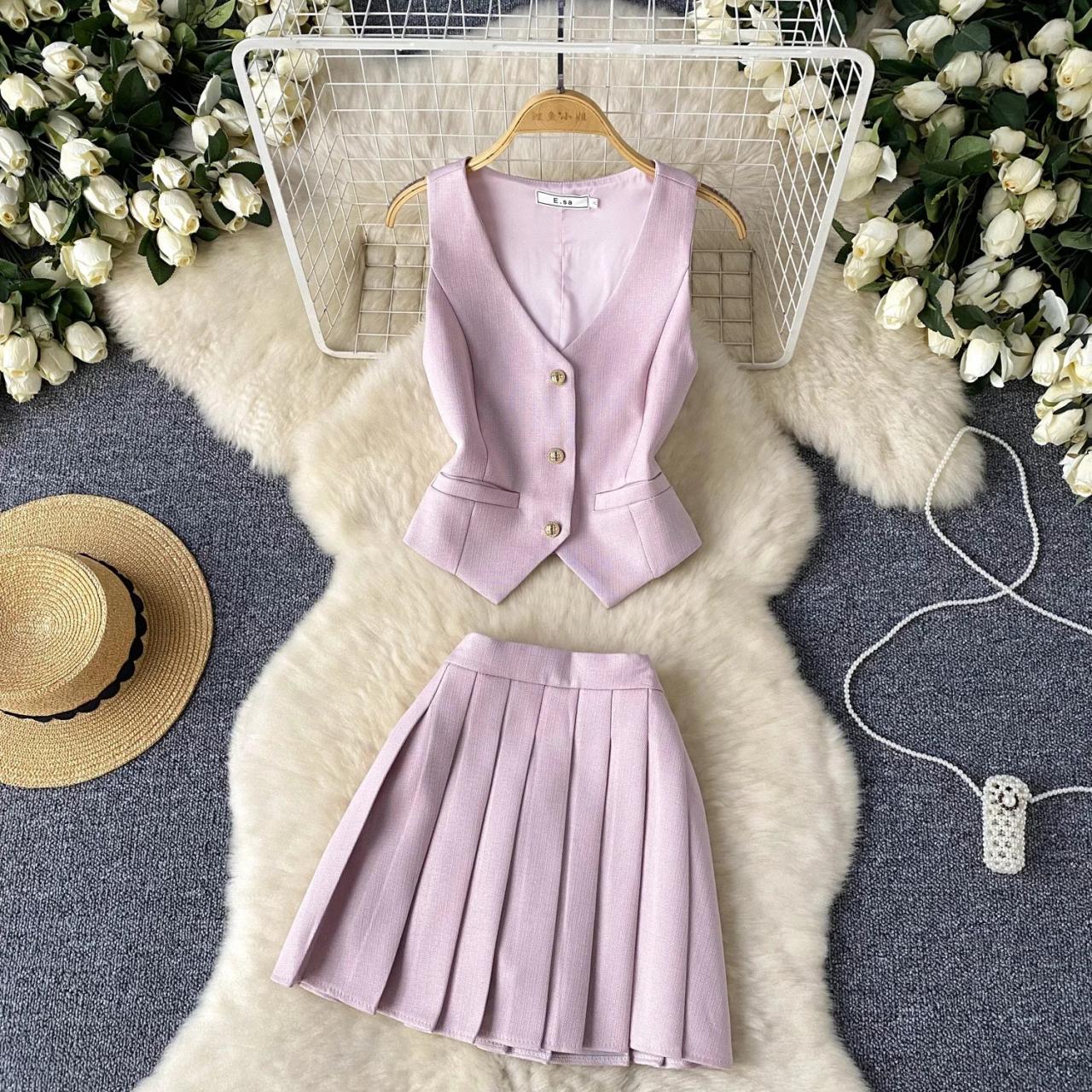 Elegant Pink Vest And Pleated Skirt Set