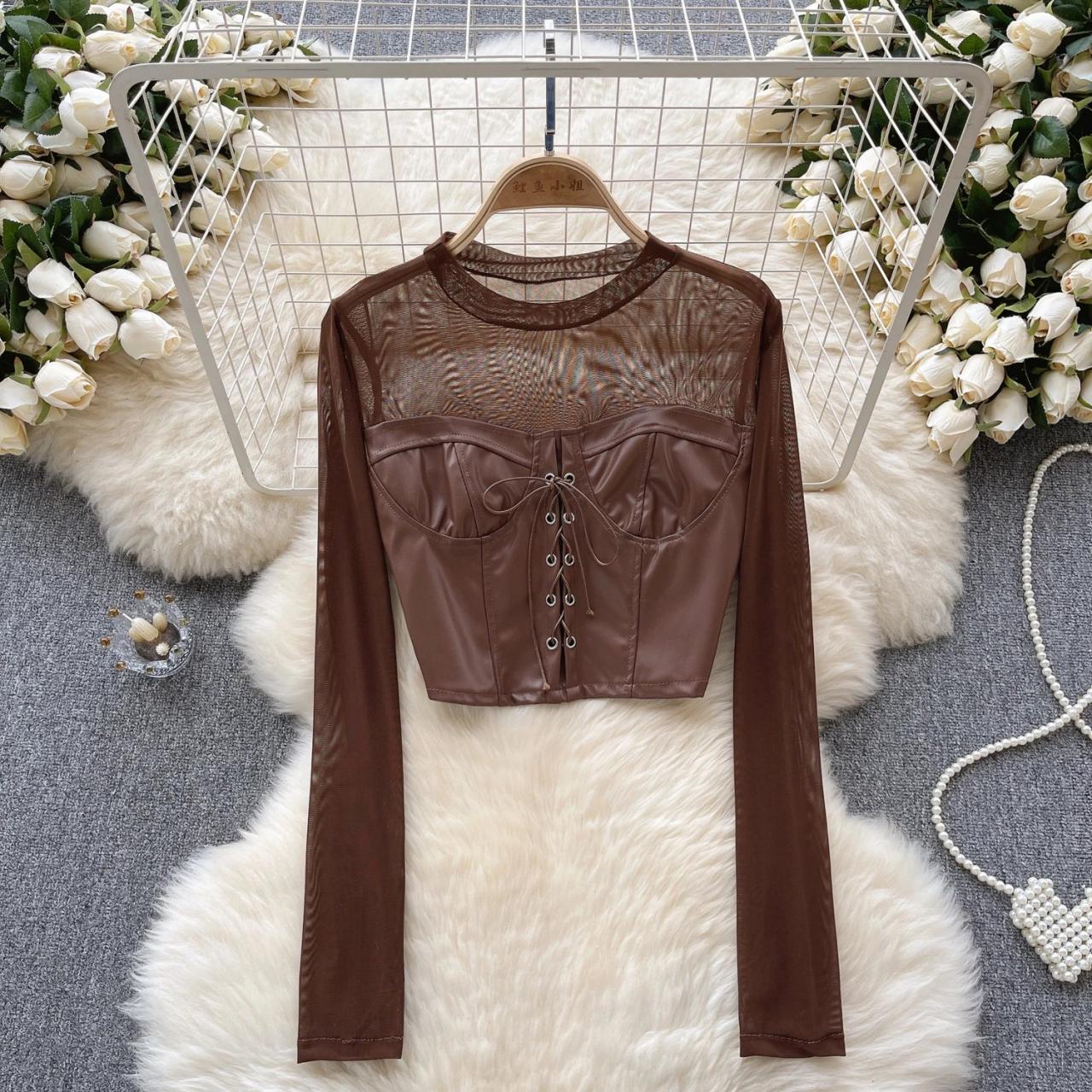 Womens Brown Lace-up Long Sleeve Crop Top