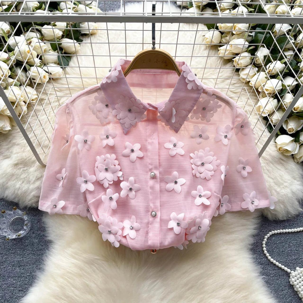 Pink Floral Embellished Shirt With Sheer Sleeves on Luulla