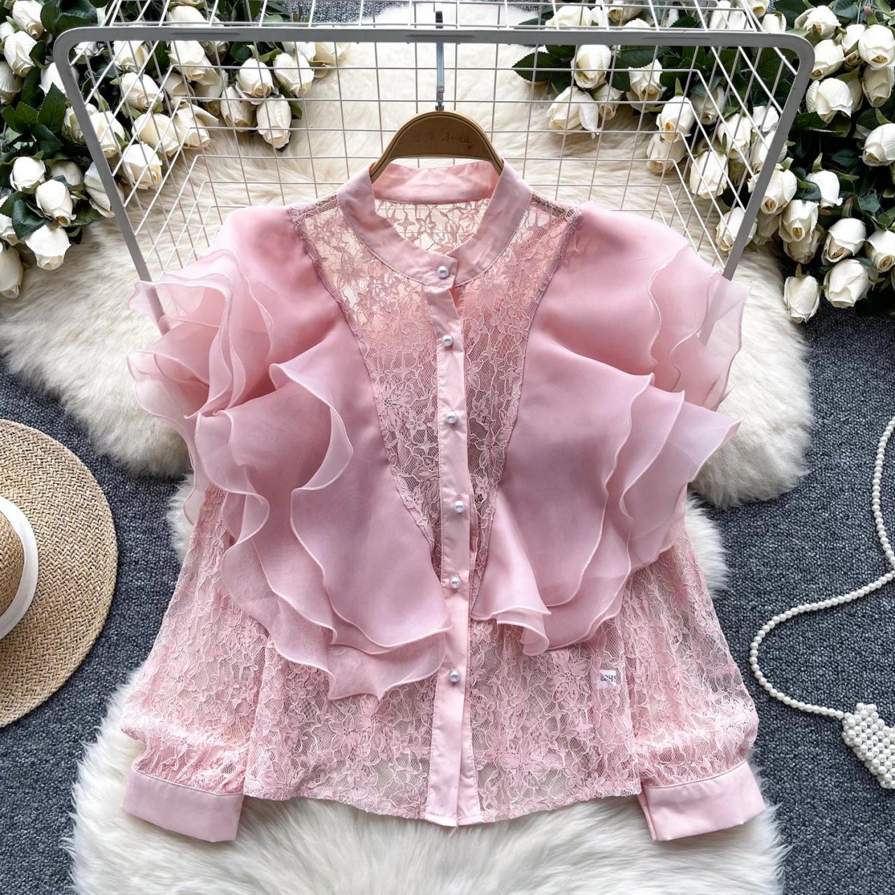 Pink Lace Elegance Blossom Adorned Blouse Pink Lace Elegance Blossom Adorned Blouse