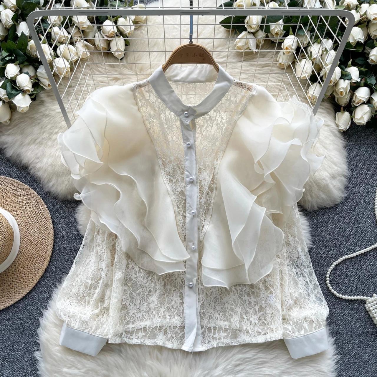 Pink Lace Ruffled Chiffon Blouse For Women on Luulla