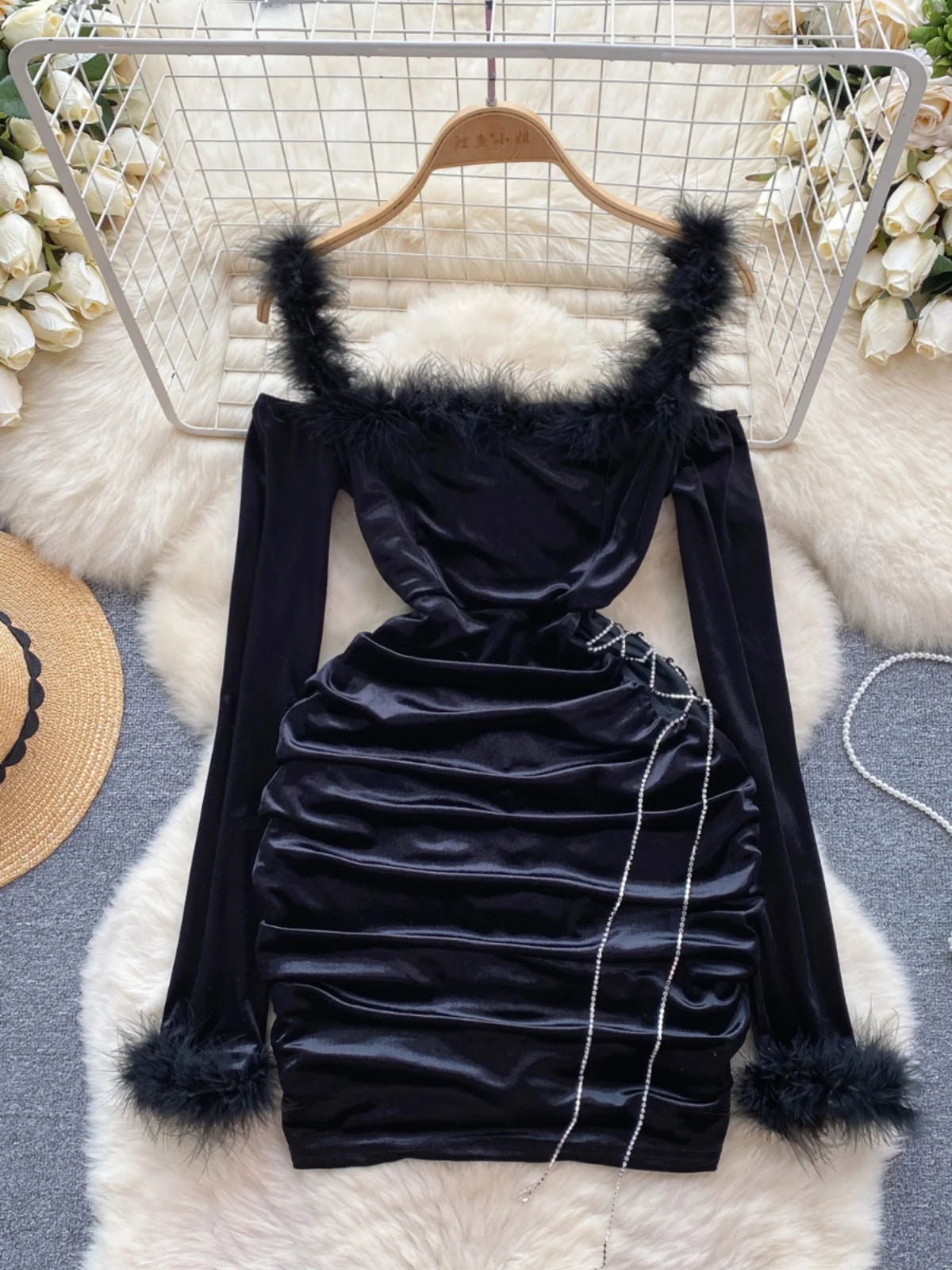 Feather trim bodycon dress online