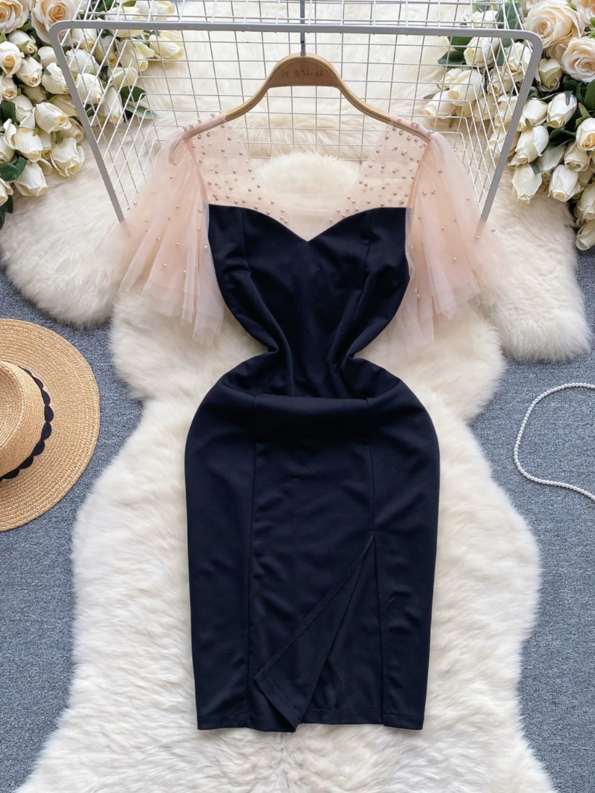 Elegant Black Dress With Sheer Flutter Sleeves