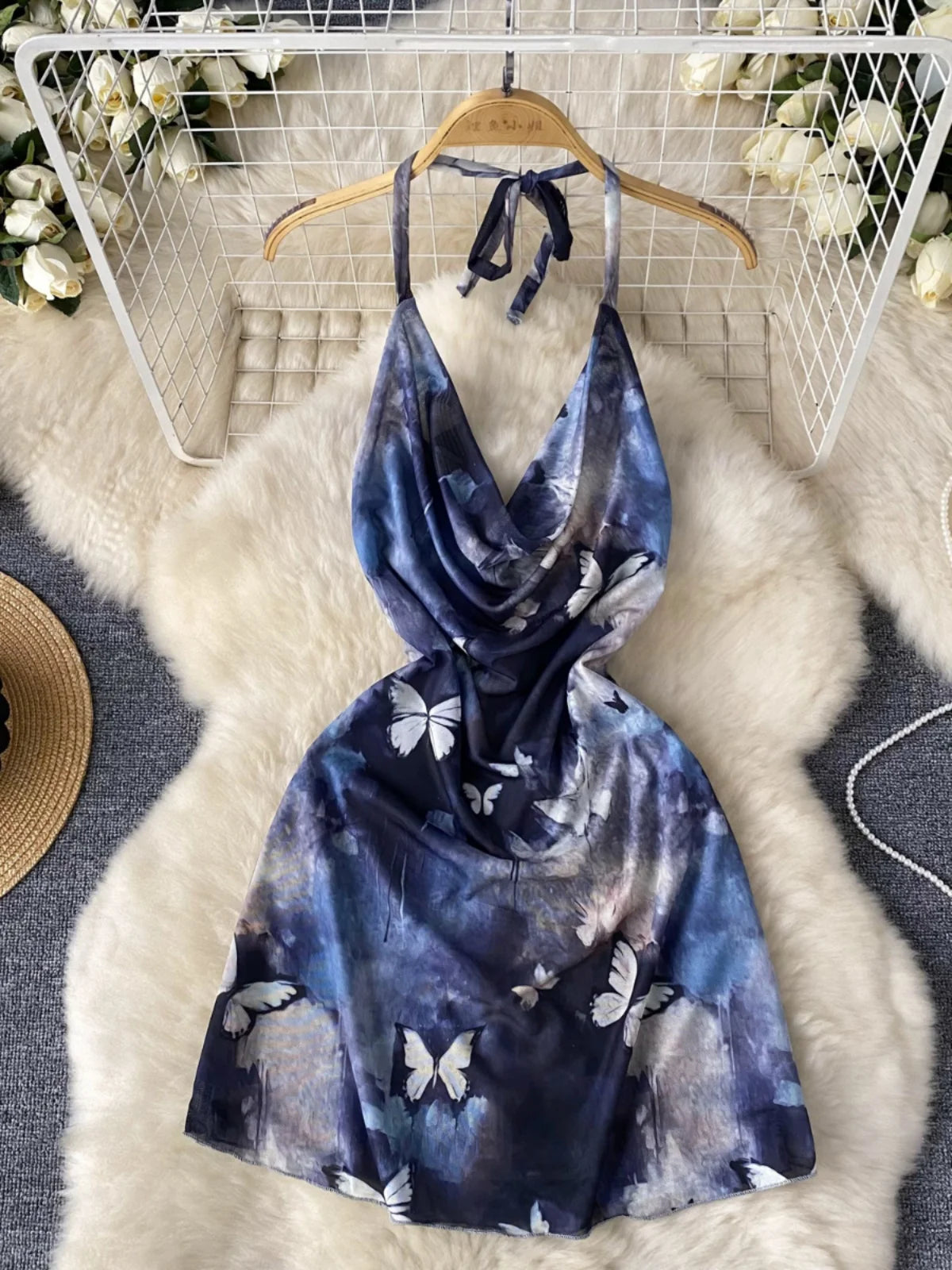 Elegant Butterfly Print Halter Neck Mini Dress