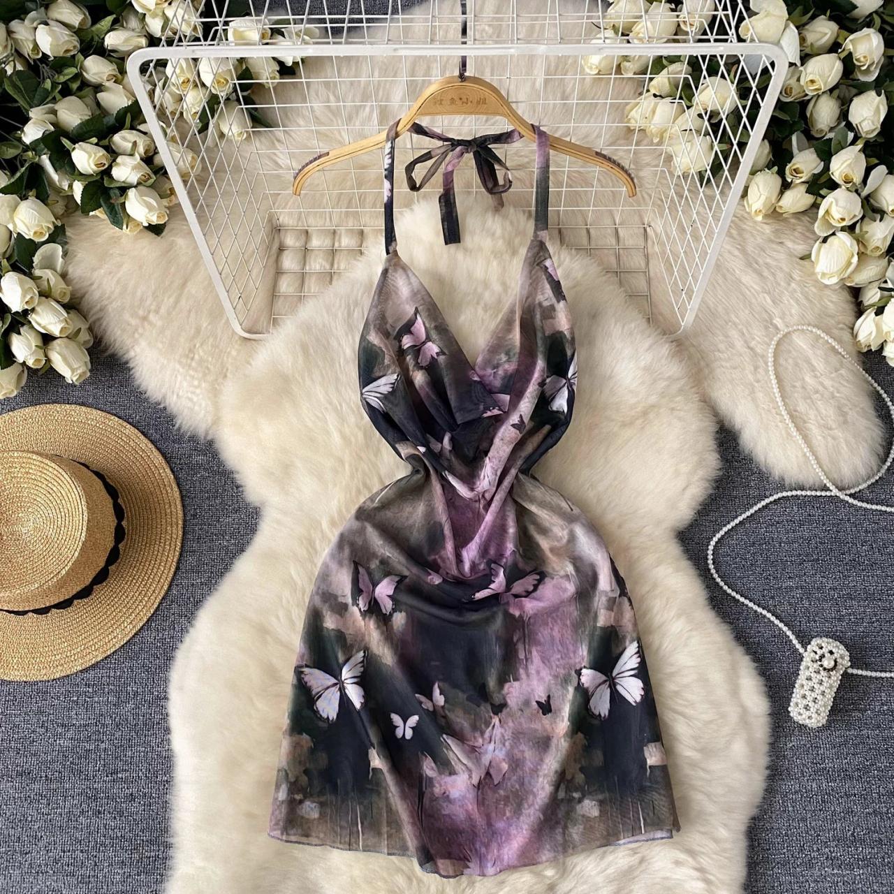 Elegant Butterfly Print Halter Neck Mini Dress on Luulla