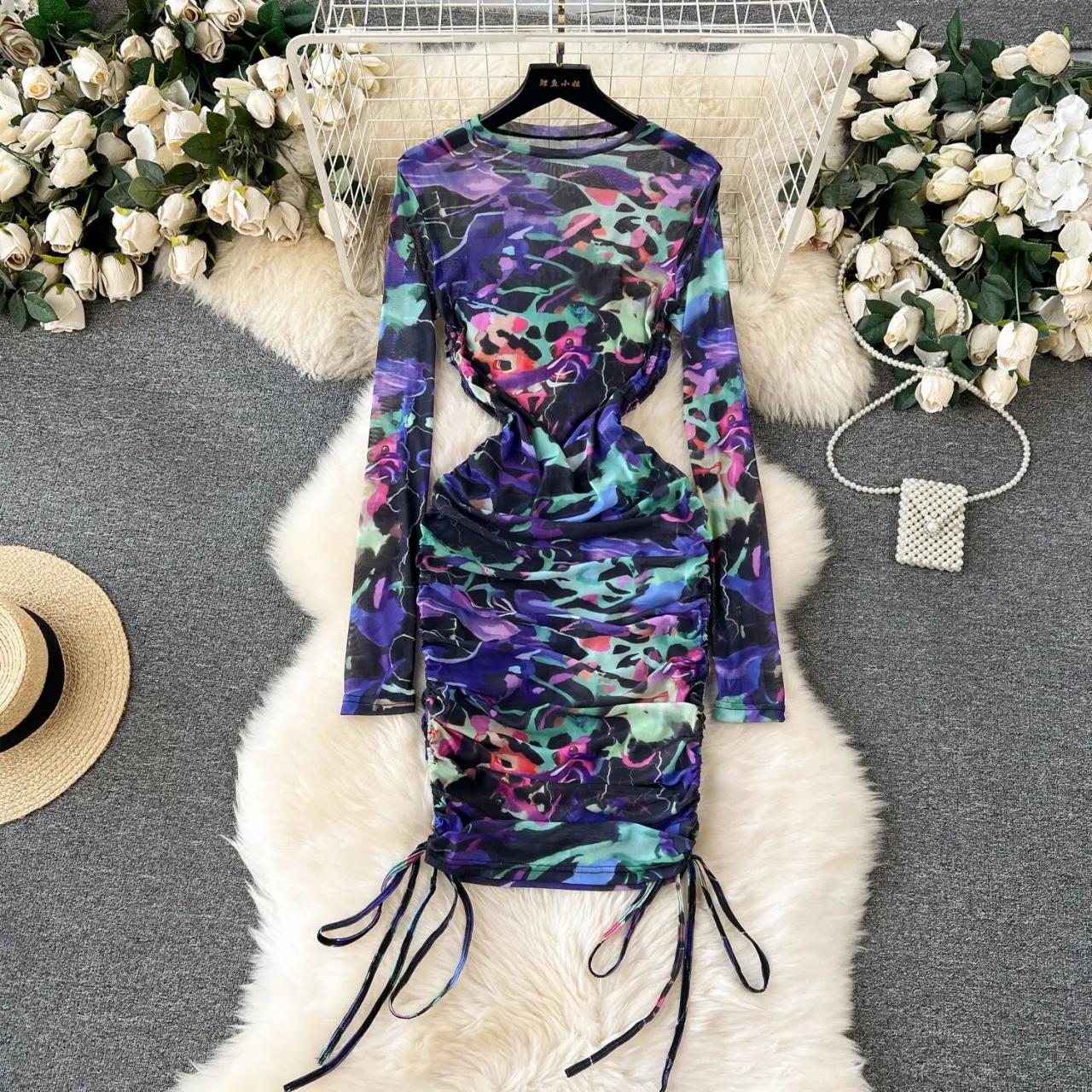 Floral Long-sleeve Bodycon Midi Dress With Drawstrings on Luulla