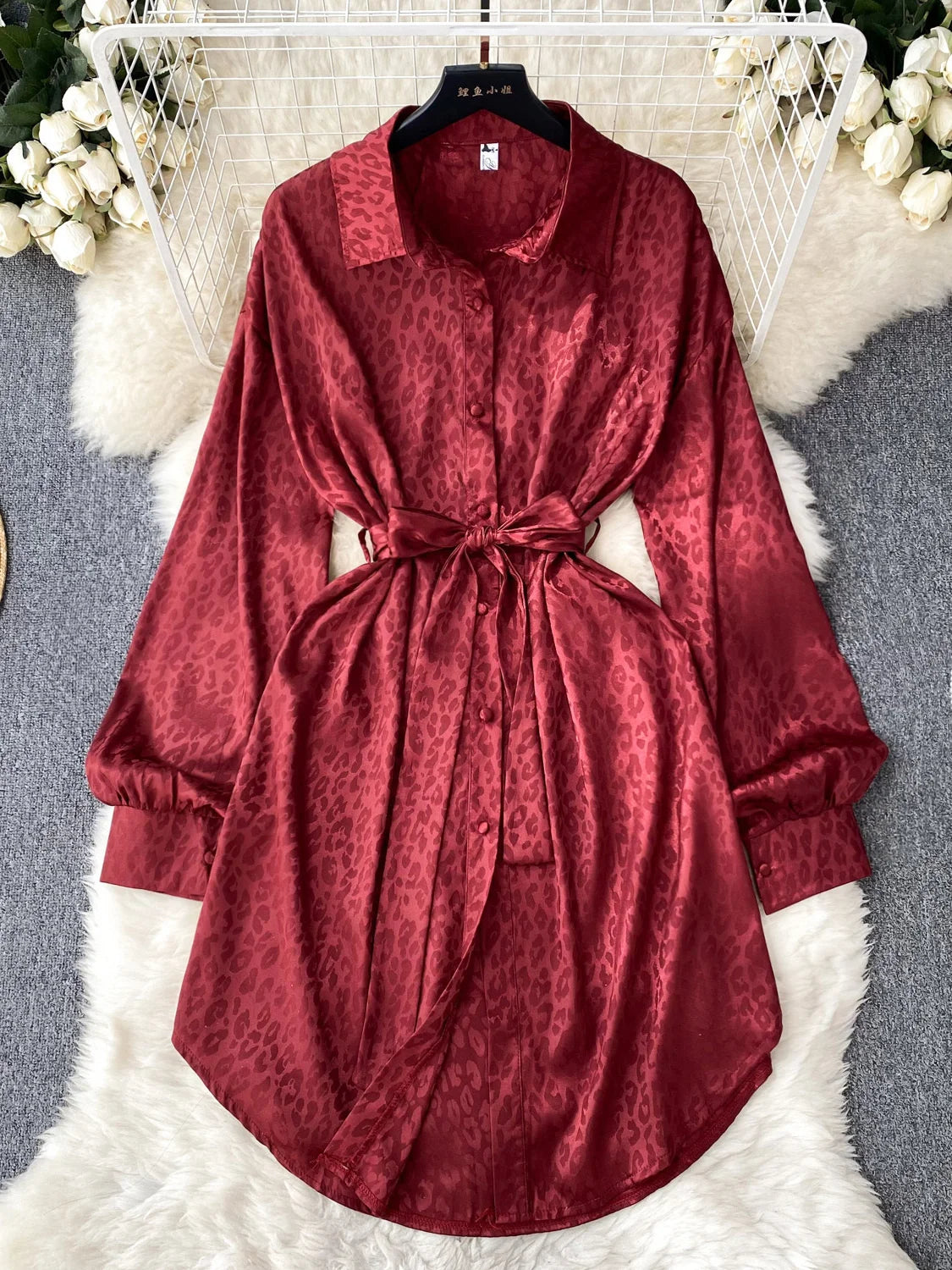 red satin leopard print dress Elegant Red Satin Leopard Print Shirt Dress
