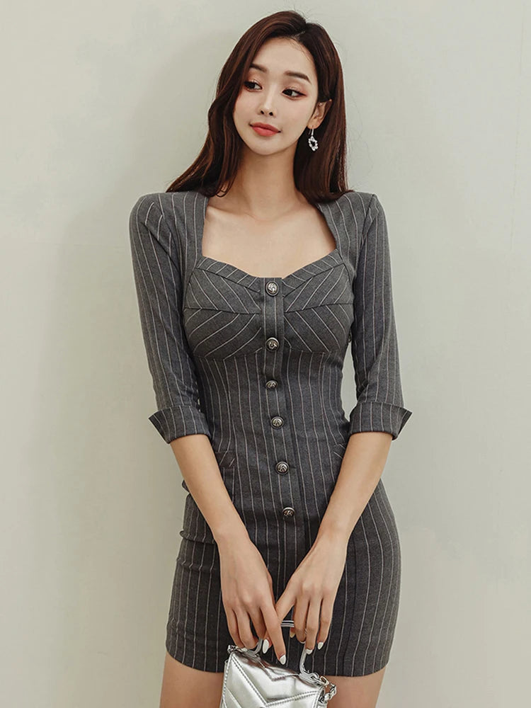 Elegant Pinstripe Button-up Bodycon Dress on Luulla